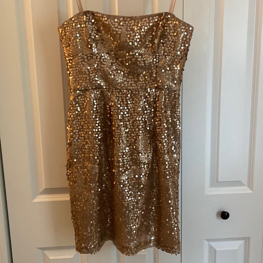 BCBGMaxAzira Carole Champagne Glitter Cocktail Dress. Size 6.